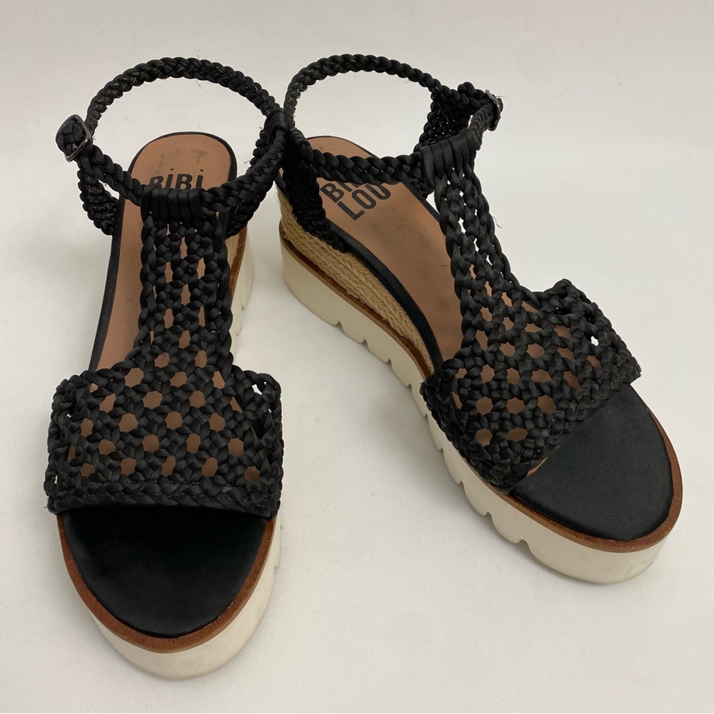 BIBI LOU Platform Sandals 7 - 7.5 / 38 Black Woven Ankle Strap Open Toe Wedge - Picture 3 of 16